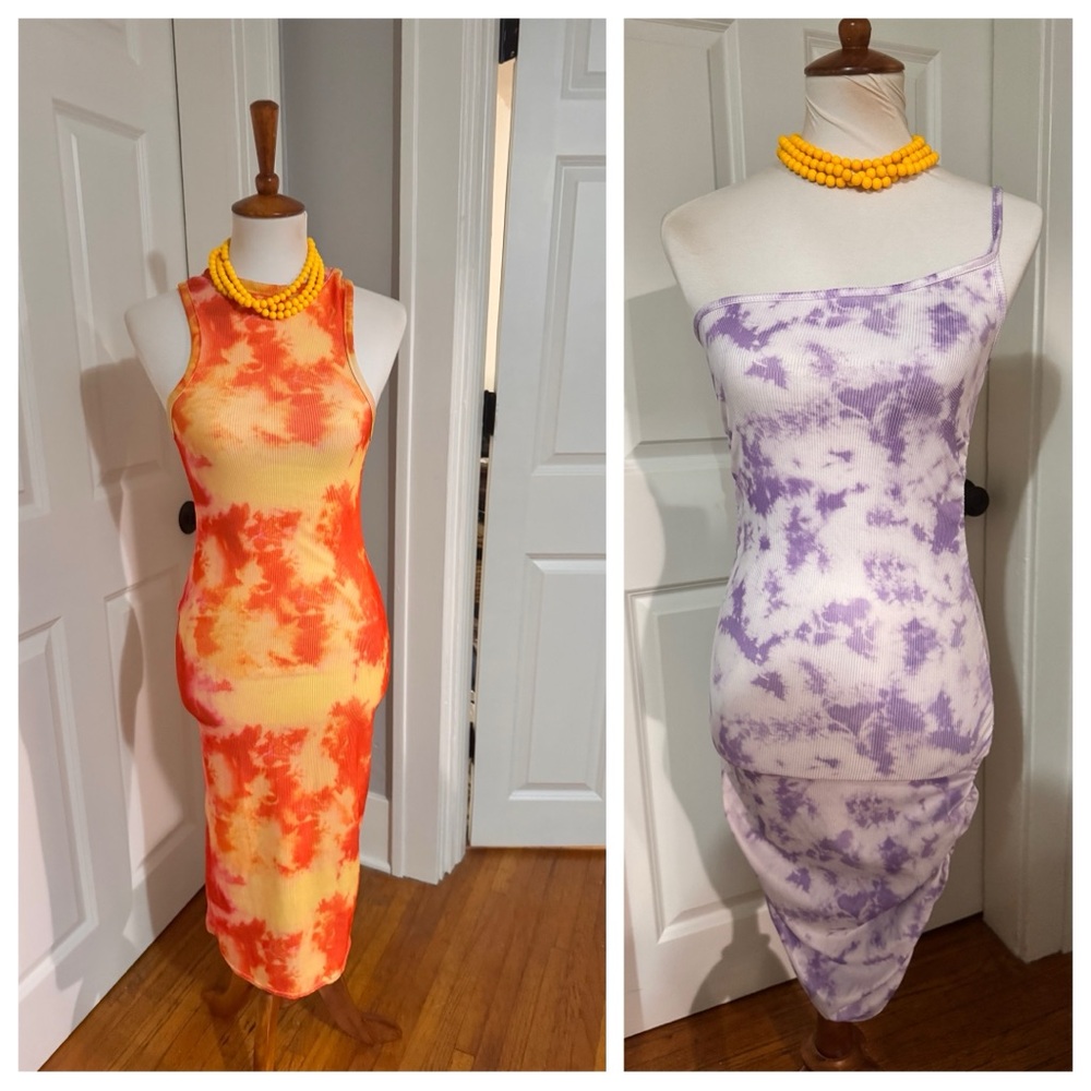 Tie-Dye Sleeveless Midi Dresses - Orange and Purple. Boho. Caribbean
